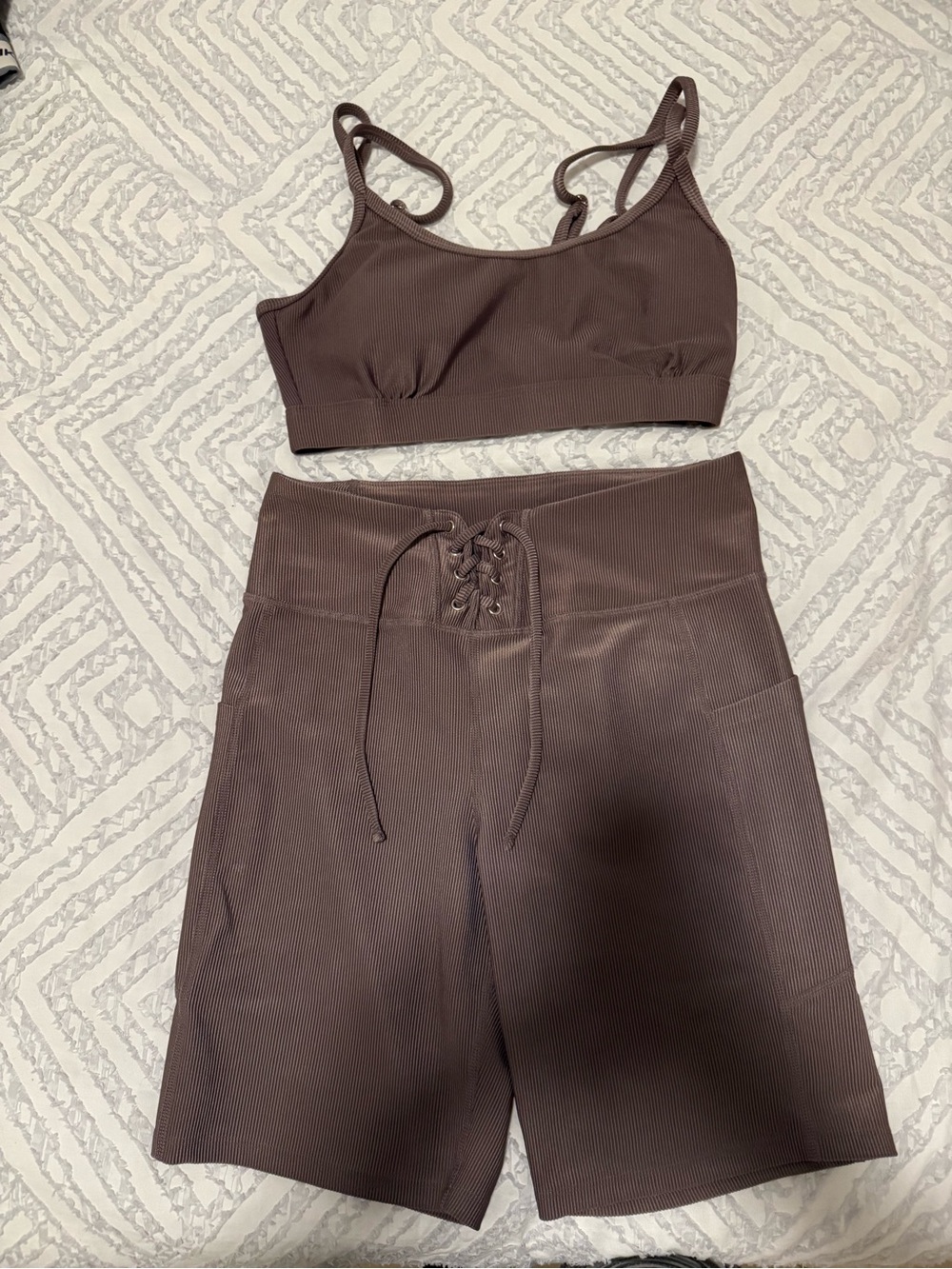 Adore Me Brown Ribbed Lace-Up High-Waist Shorts and Bra Set